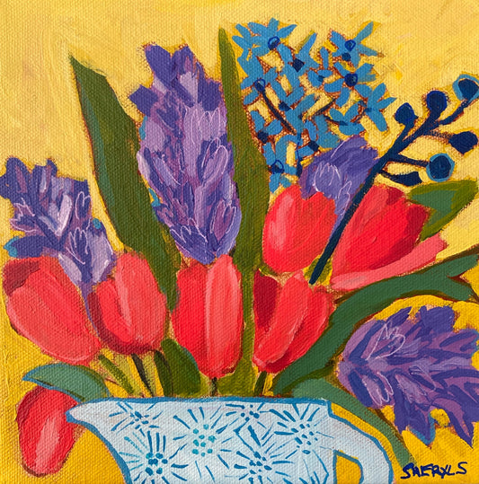Original Art / Tulips with Hyacinths on Yellow / 8"x8" on canvas , Red Purple