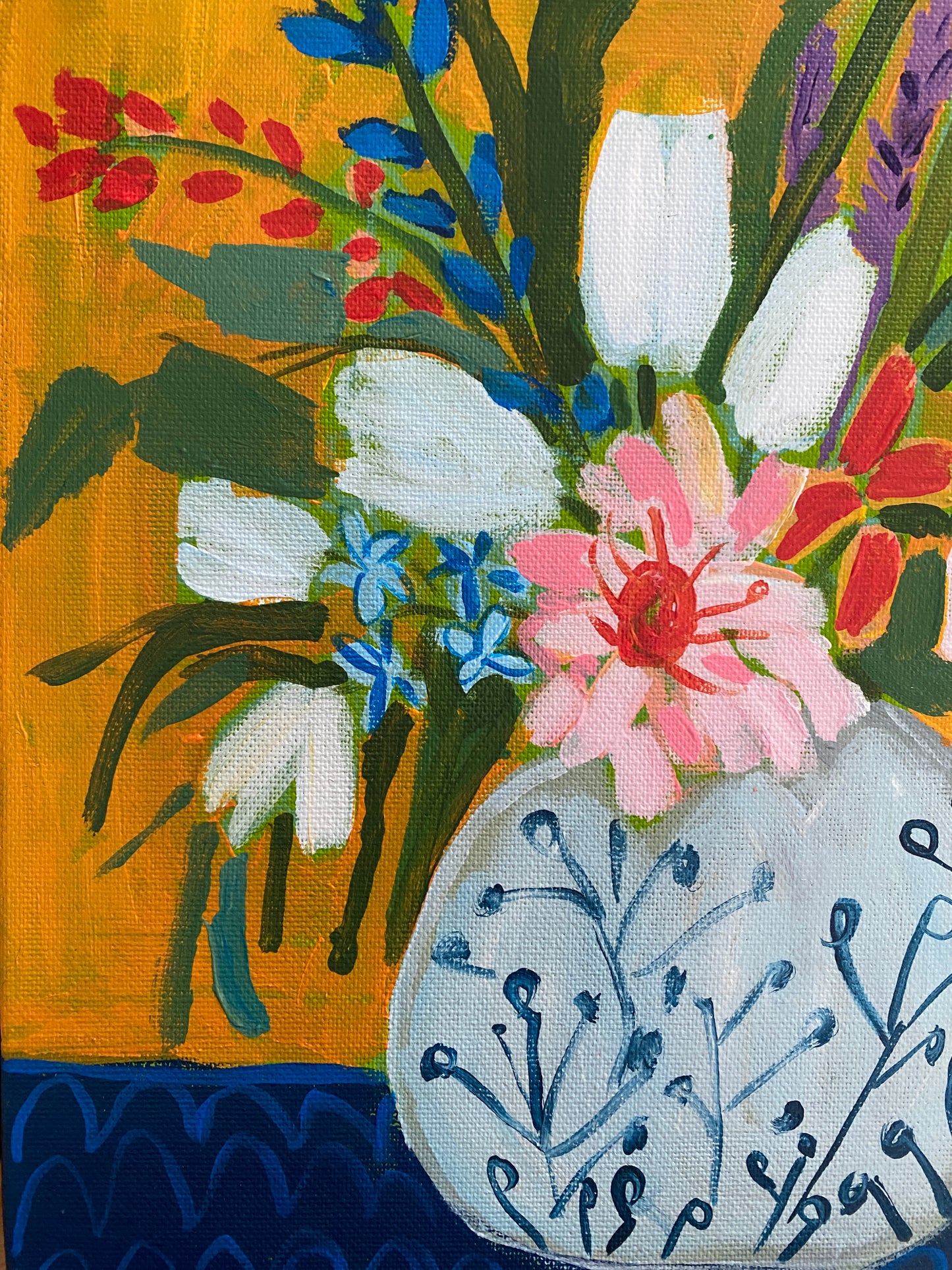 Original Art / Cut Flowers in Vintage Vase / Royal blue and mustard yellow /