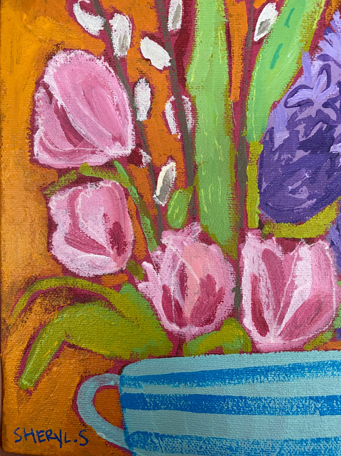 Original Wall Art/ Botanical / Tulips and Hyacinths on Orange