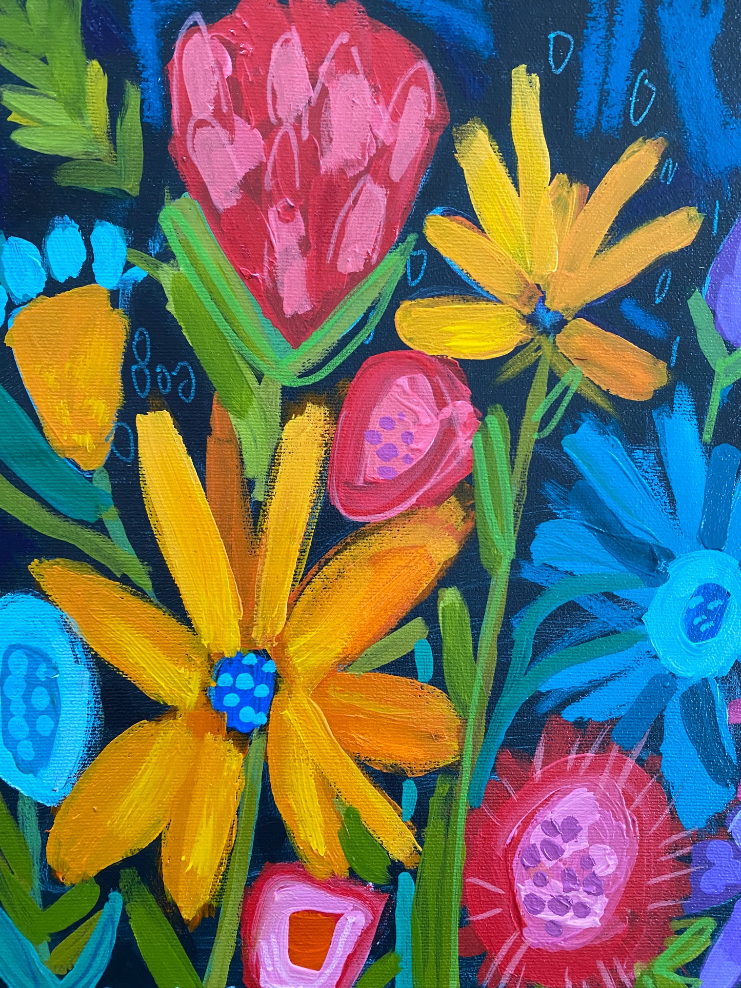 Original Art / New Growth 1 / Botanical / Black Background Yellow Red Pink Blue Flowers