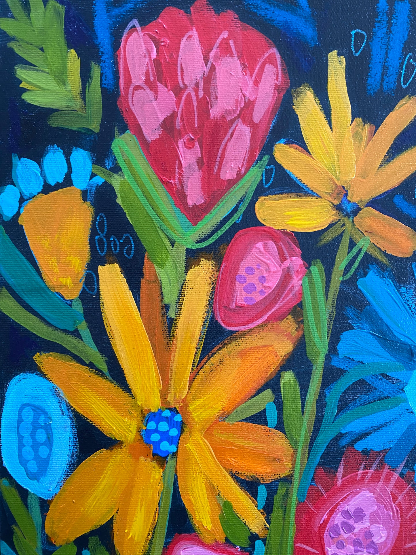 Original Art / New Growth 1 / Botanical / Black Background Yellow Red Pink Blue Flowers