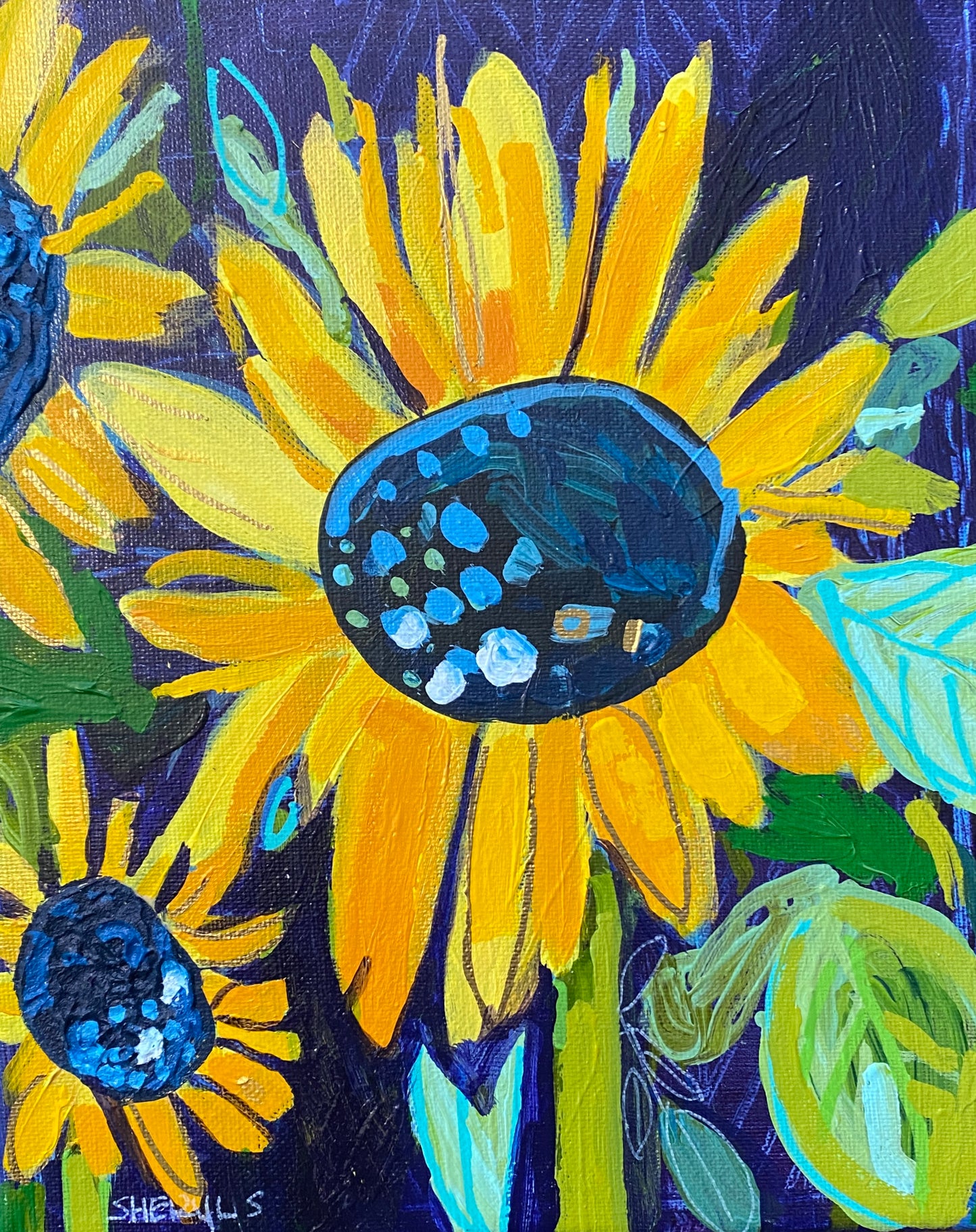 Sunflower / Original Wall Art on Canvas / Yellow on Deep Purple / Botanical Flowers /
