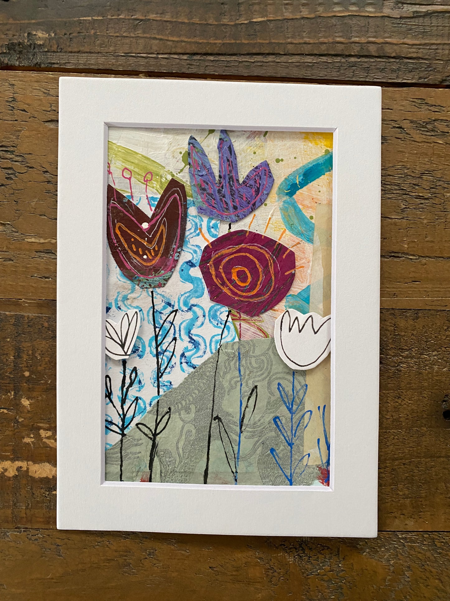 Wild Flower Patch / Original Mixed Media Collae on Paper / Mulicoloured flowers / 5"x7" Matted