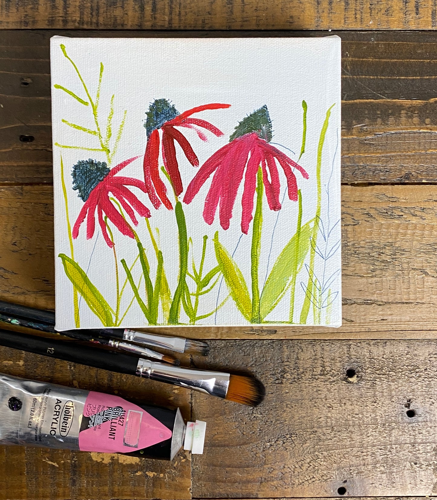 Cone Flower / Wall Art on Canvas / Botanical Fowers / Red and Lime Green / Small Art