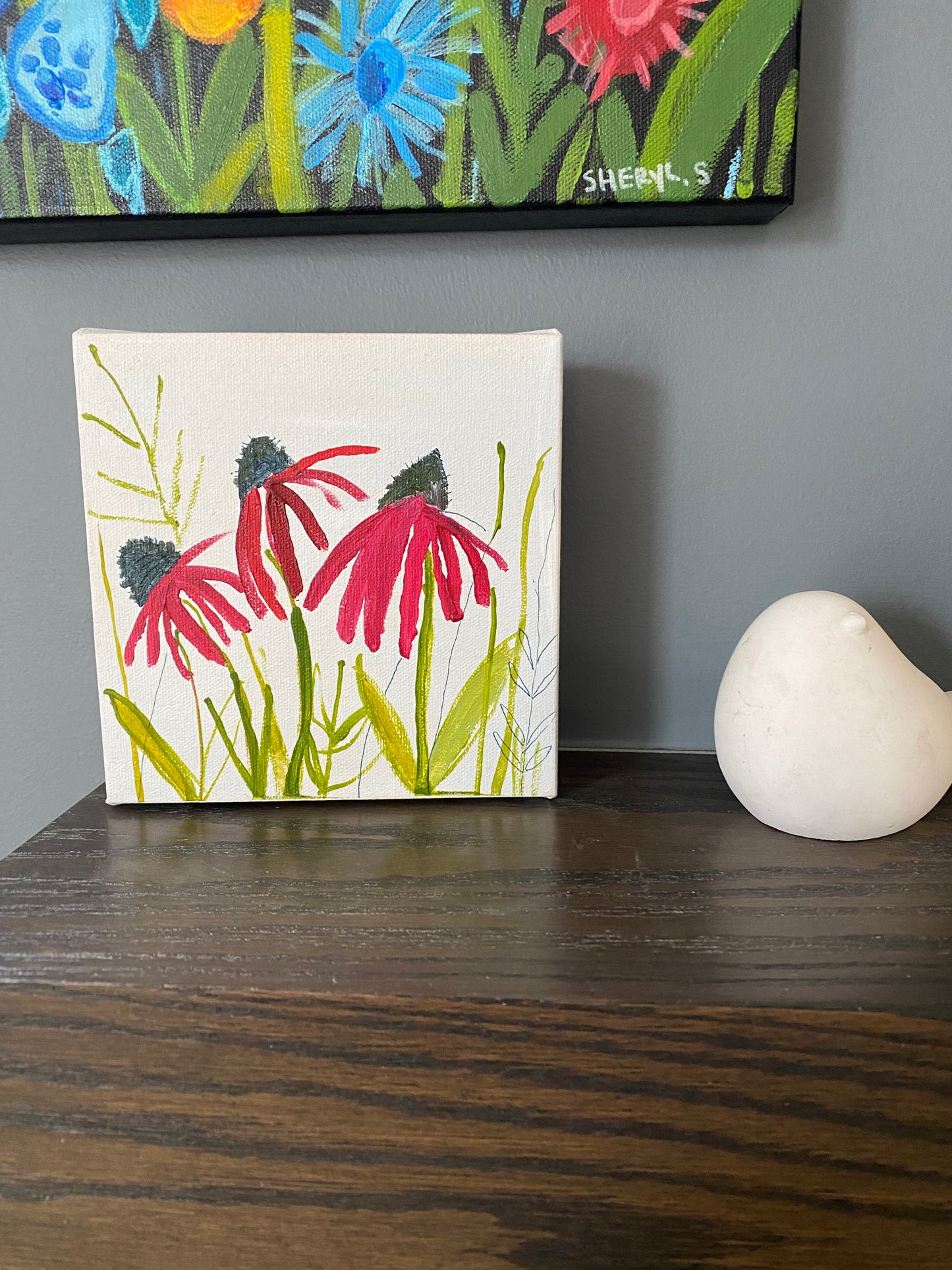 Original Art / Cone Flower / Wall Art on Canvas / Botanical Fowers / Red and Lime Green / Small Art
