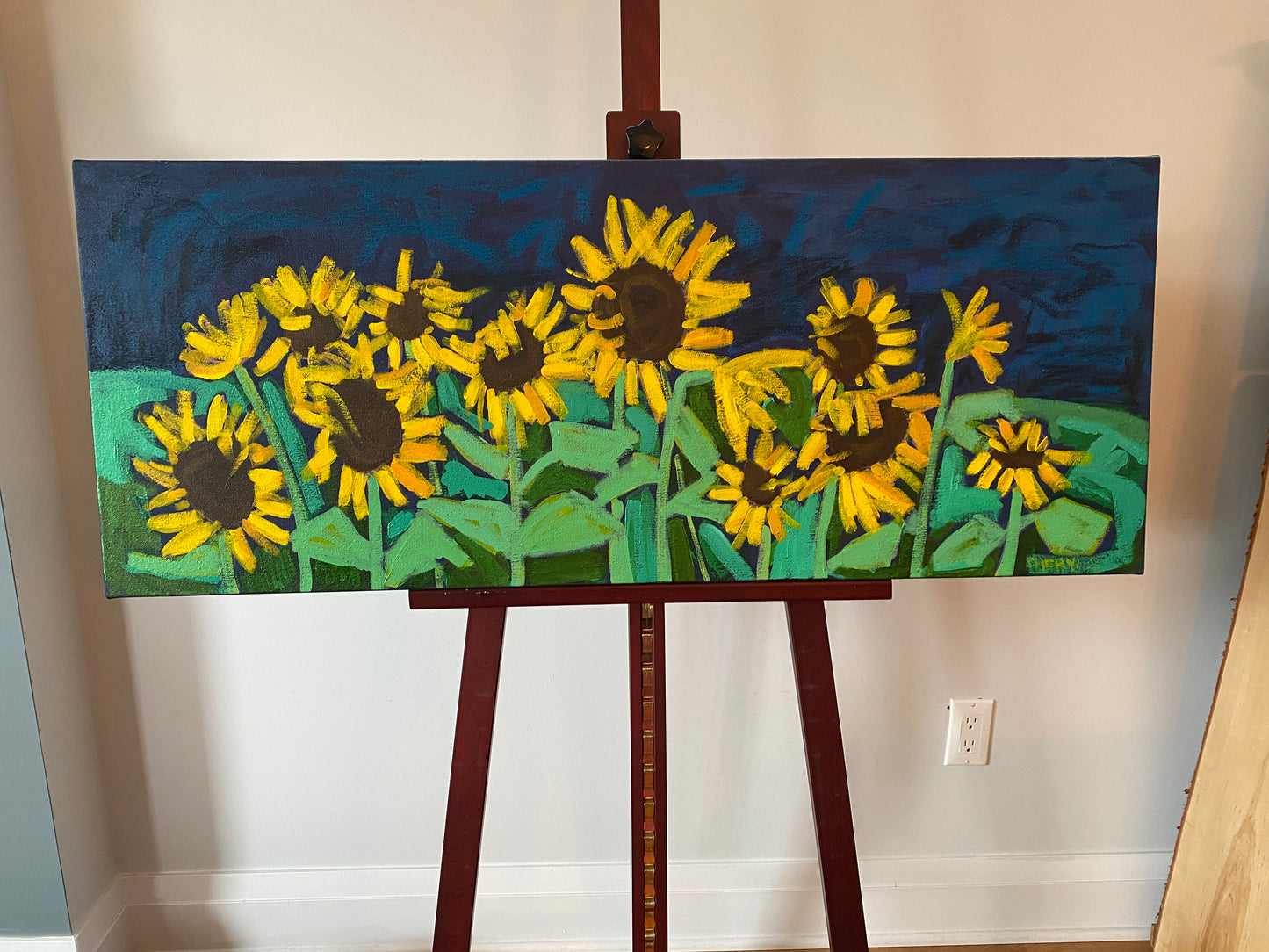 Sunflower on Navy /  Original 40”x16” Horizontal Wall Art