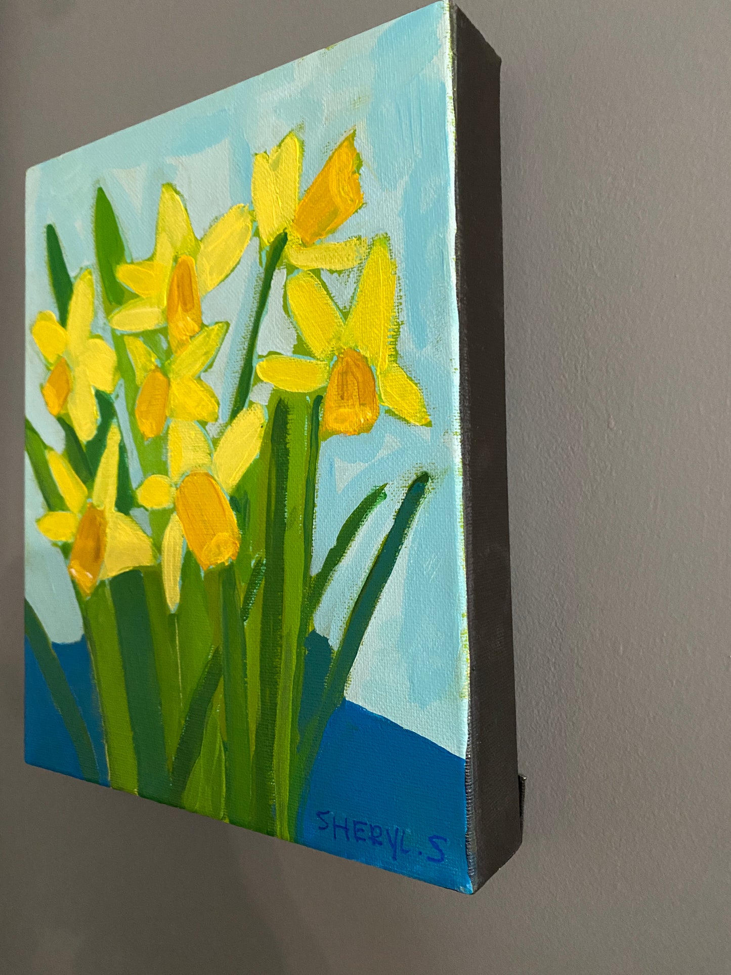 Spring Daffodils 8”x10” / On Blue /  Fine Art on Canvas for Sale