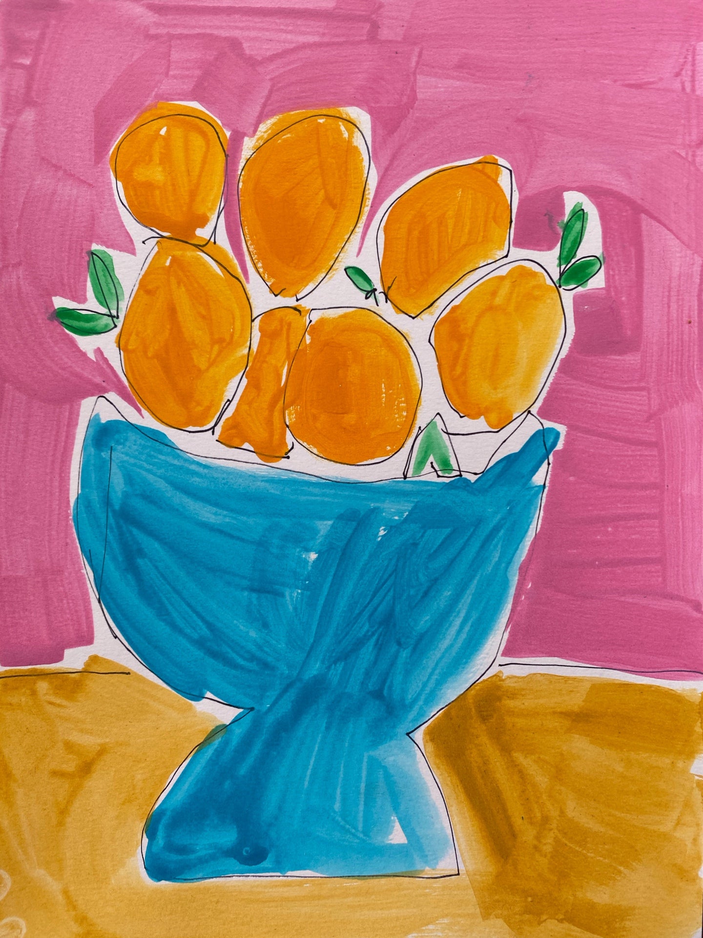 Oranges on Pink / Fruit Bowl/ Original Gouache Painting on Paper/ 9”x12”