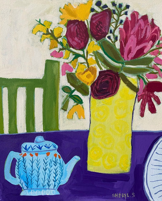 Original Art / Afternoon Tea with Protea Flower / Canvas  Acrylic Wall Art / Green Chair / Yellow Vase / Deep Red