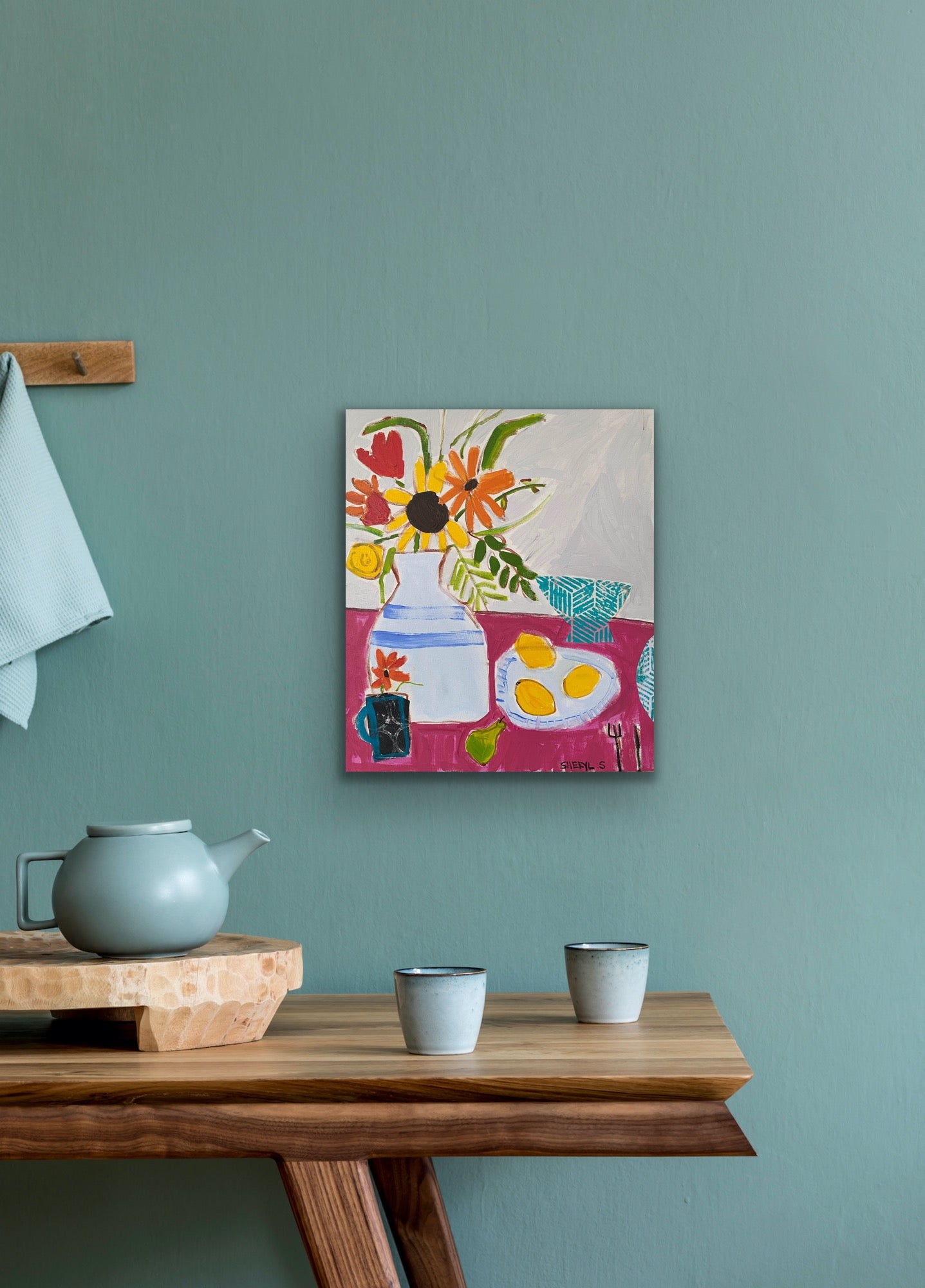 Floral with Lemons on Pink / Plate with Lemons /  Original Still Life Wall Art / Acrylic Painting