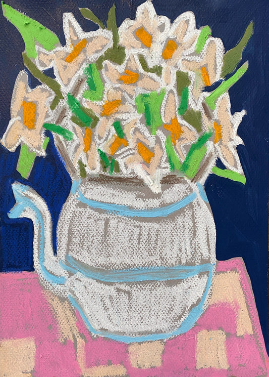 Flowers in a Teapot / Original Mixed Media / Pink / Navy Blue / Green / White ORIGINAL on paper