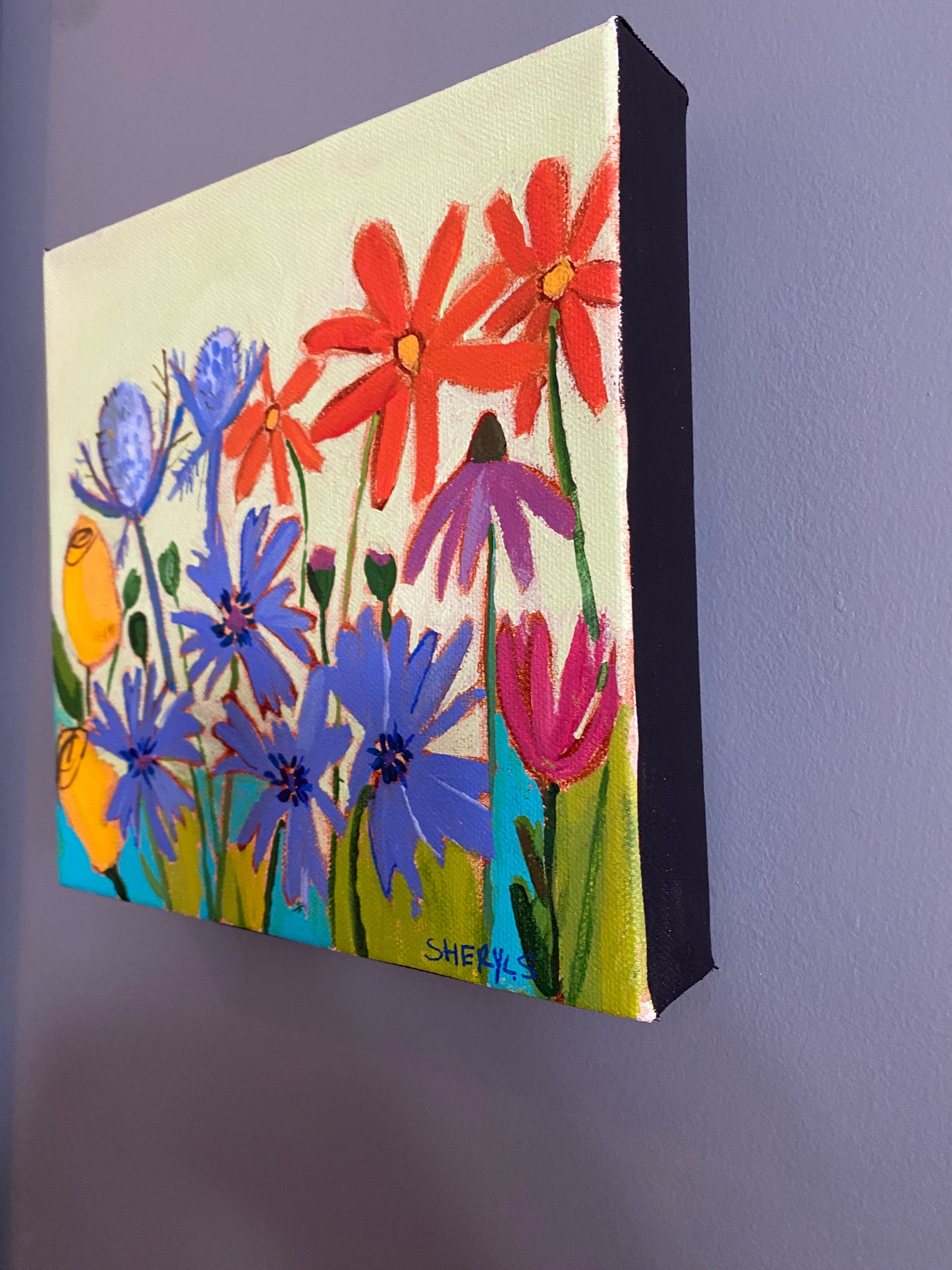 Original Wall Art/ Cornflower and Seaholly on light green / 8”x8” / Painting on Canvas