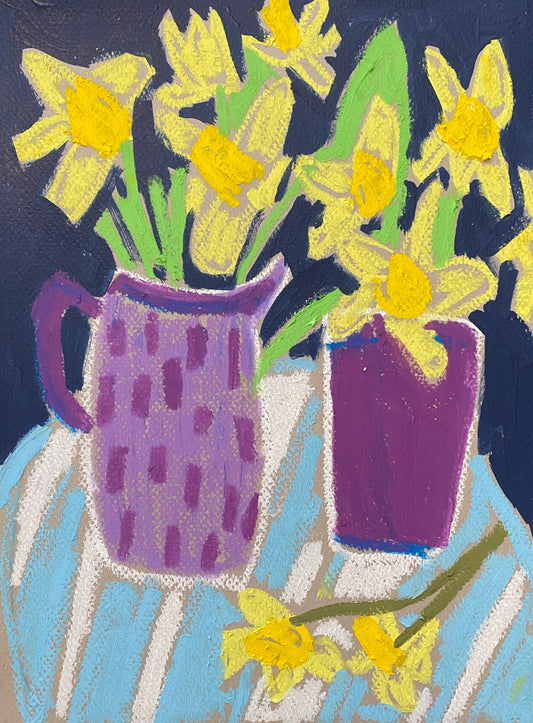 Daffodils in Purple Vases / Blue / Navy Blue ORIGINAL On paper