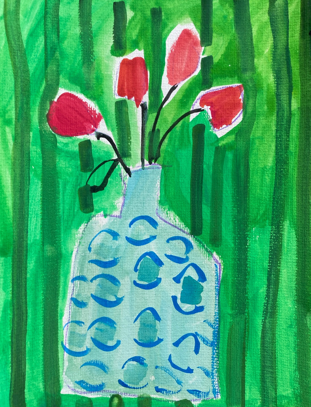 Blue Vase on Striped Green / colour Study Gouache on Paper / Sheryl Siddiqui