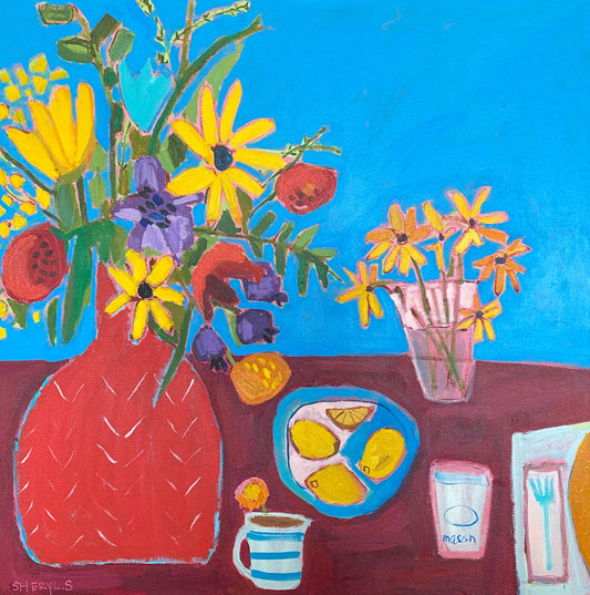 Fine Art Print / 12”x12” / Still Life Red Vase with Flowers / Bowl with Lemons and Plate / Fork