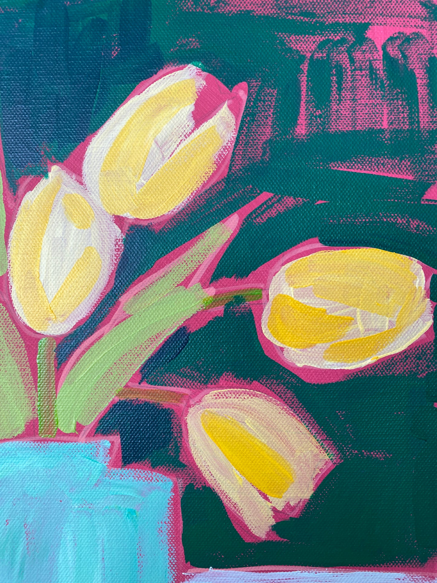 Yellow Tulips on Green / Original Wall Art on Canvas / Modern Florals