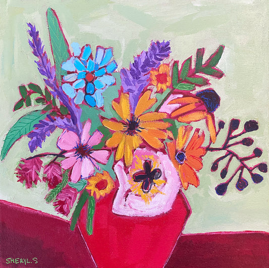 Original Wall Art / Cut Flowers in a Red Vase / Green Blue Purple / Modern Floral