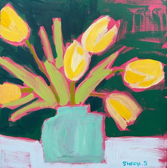 Yellow Tulips on Green / Original Wall Art on Canvas / Modern Florals
