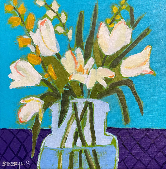 Original Art / White Tulips With Purple and Teal / Wall Art / Acrylic on Canvas / Yellow / White / Canadian Art