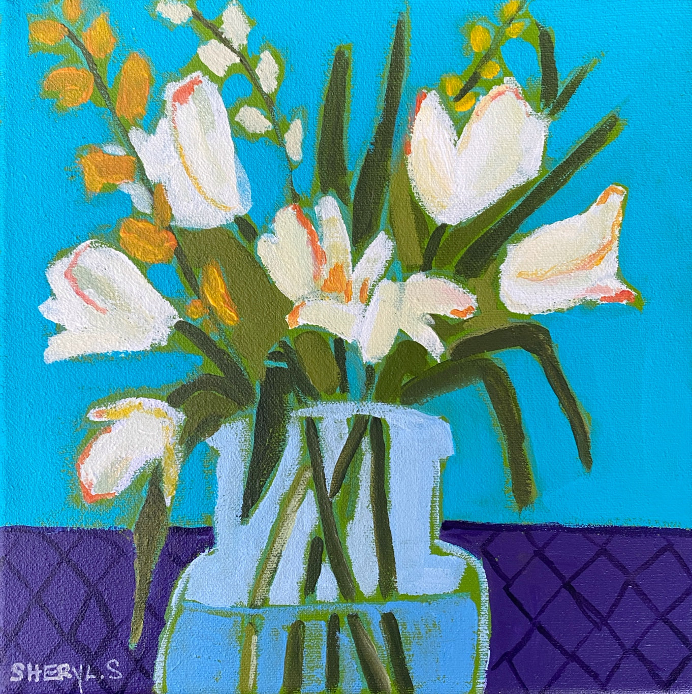 Original Wall Art / White Tulips on Purple and Teal / 10"x10" / Floral Painting on Canvas
