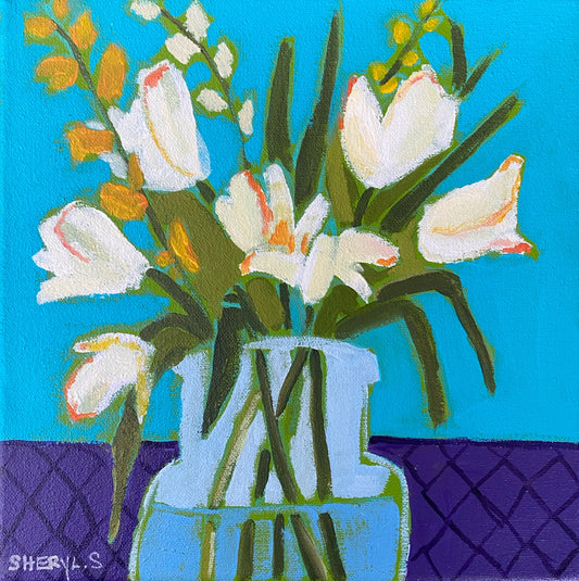 Original Wall Art / White Tulips on Purple and Teal / 10"x10" / Floral