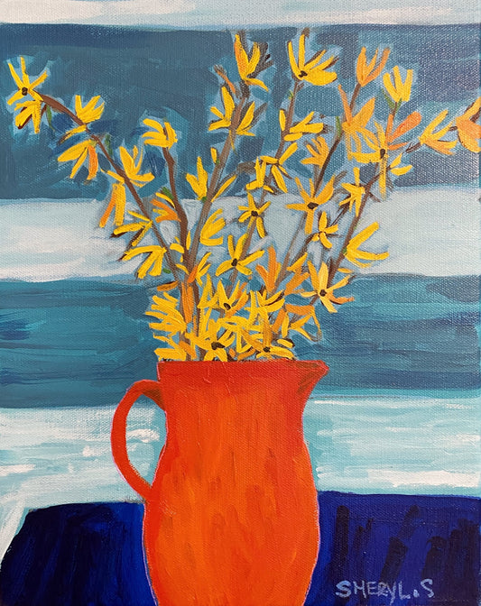 Original Art / Forsythia in an Orange Vase 11”x14”