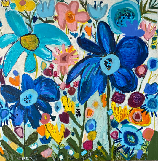 Enchanted Garden Blue / 36"x36" Statement Modern Art / Blue / White / Abstract Botanicals / Wall  Art