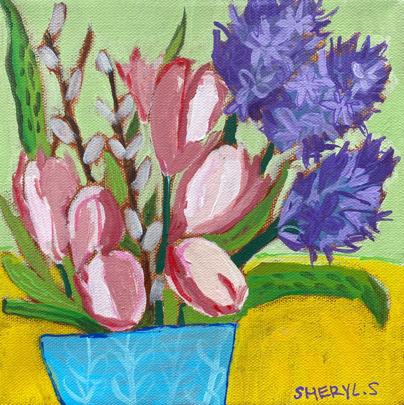Original Wall Art / Hyacinth Tulips with Branches / 8”x8” / Painting on Canvas