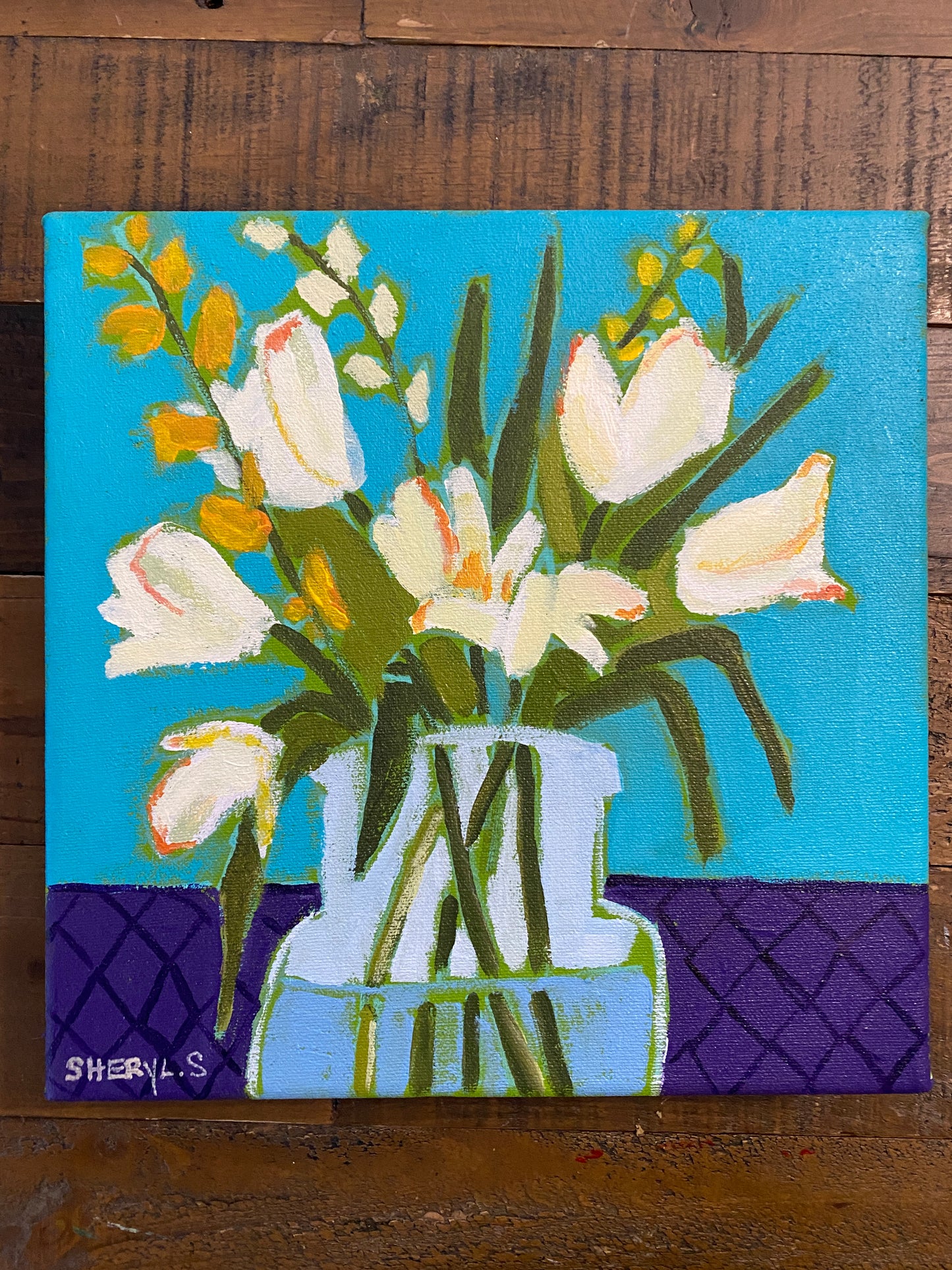 White Tulips on Purple and Teal / Original Wall Art / Acrylic on Canvas / Yellow / White / Canadian Art