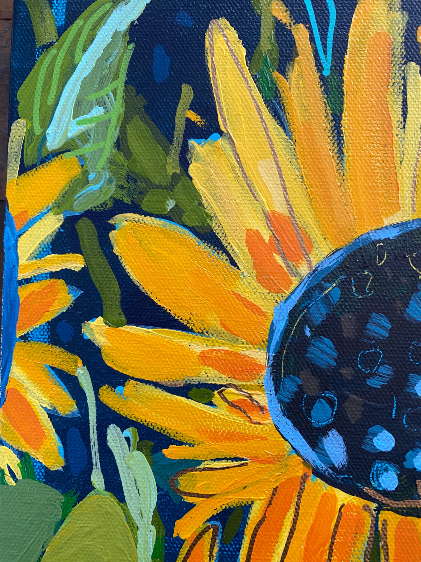 Sunflower Farm / Original Wall Art on Canvas / Navy Background/ 11”x14” Yellow and Orange