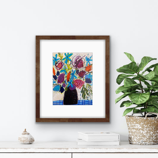 Fine Art Print Mediterranean Floral 8”x10” / Colourful Abstract Flowers / Blue Tablecloth