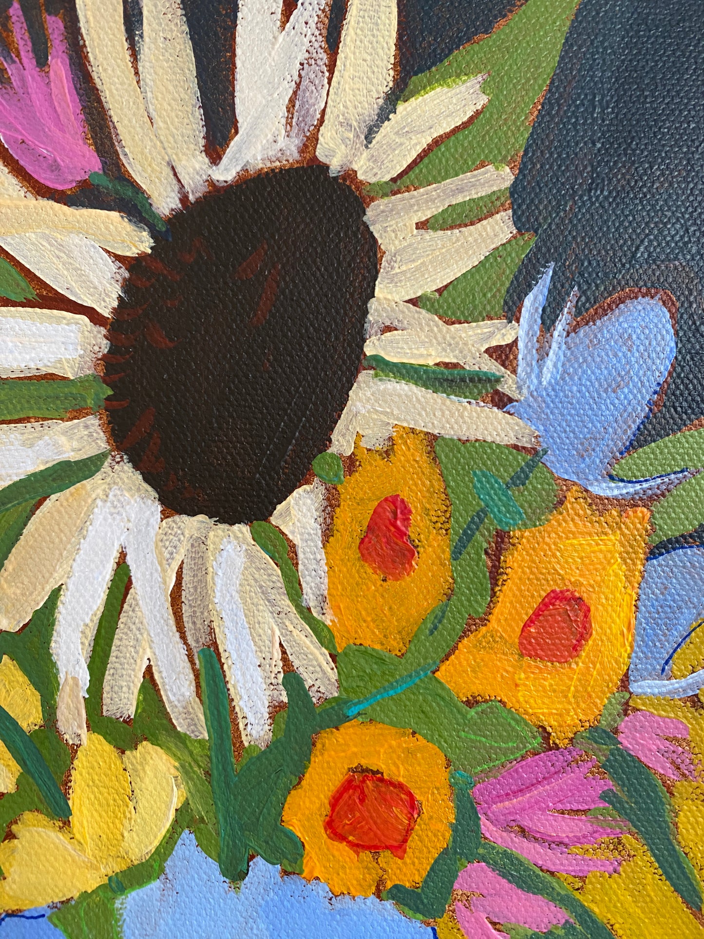 Original Wall Art / Botanical/ Sunflower, Strawflowers Sweetpeas / Painting on Canvas