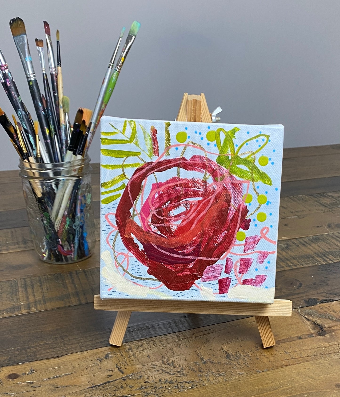 Rose 6”x6” inches on Canvas / Red and Pink Botanical Mini