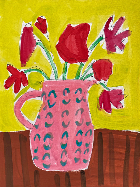 Gouache colour study / Red flowers on mustard yellow / 9”x12” original wall art.