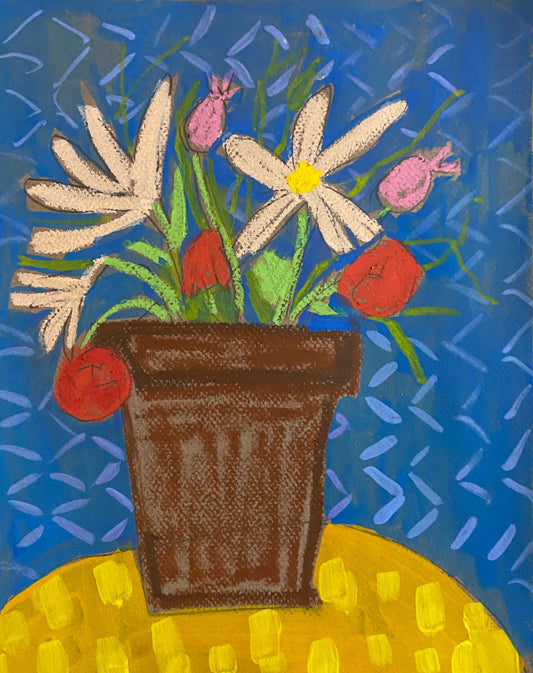 Clay Pot With Flowers on Red Table / 9”x12” original art On paper