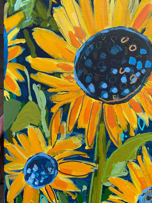 Sunflower Farm / Original Wall Art on Canvas / Navy Background/ 11”x14” Yellow and Orange