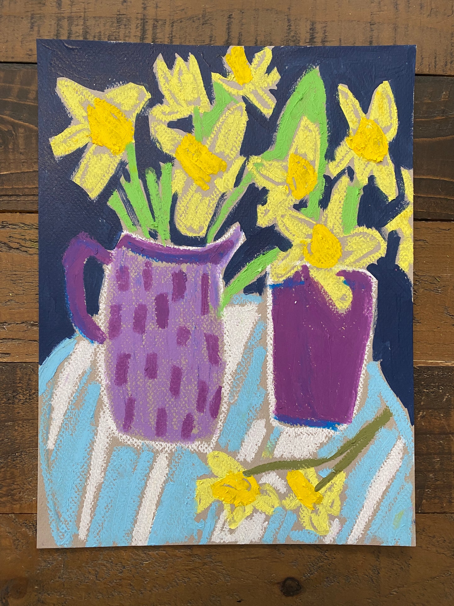 Daffodils in Purple Vases / Blue / Navy Blue ORIGINAL On paper