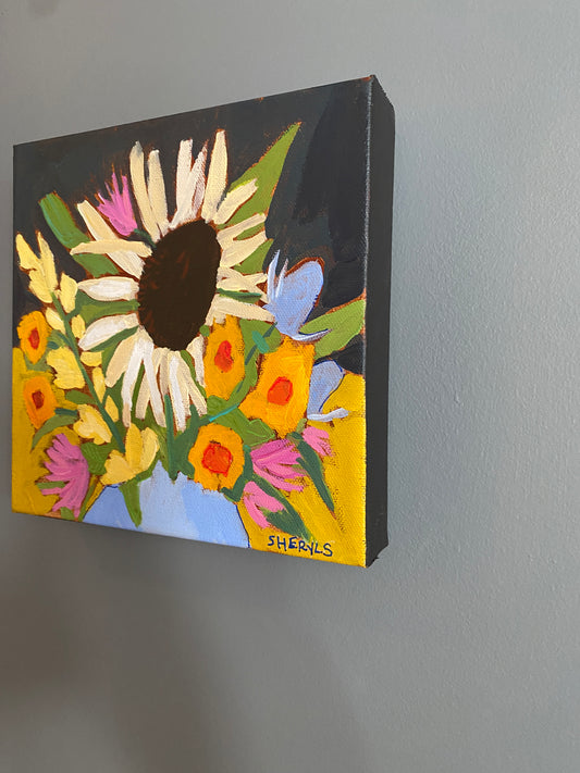 Original Wall Art / Botanical/ Sunflower, Strawflowers Sweetpeas / 8”x8” Painting on Canvas