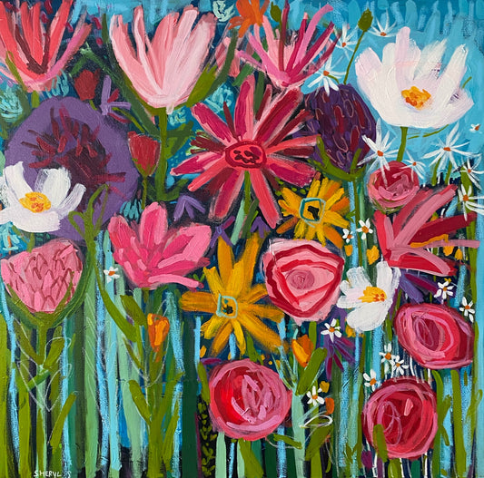 Full Bloom Fushia / 36”x36” Mixed Media on Canvas/ Modern Vibrant Floral Botanical Art