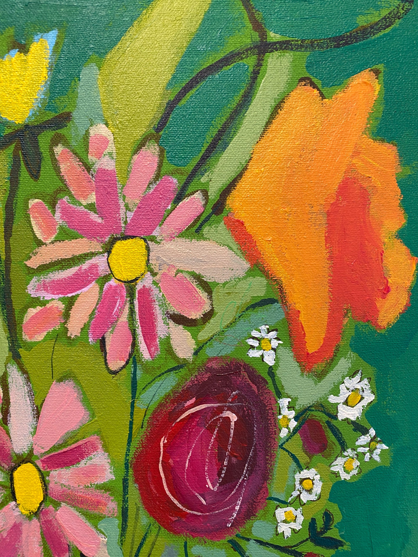Orignal Wall Art  / Fresh Cut Flowers in Green / Blue Vase With Flowers / Yellow Orange Pink /