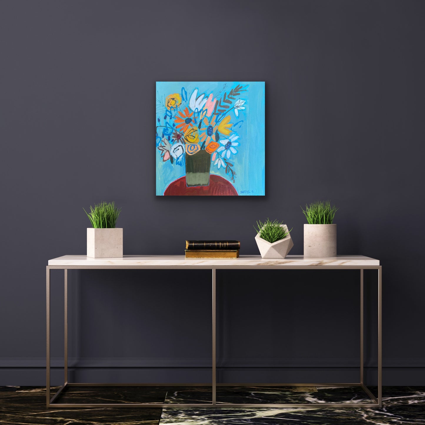 Original Wall Art / Bouquet on a Red Table 20"x20" / Contemporary Canvas Painting