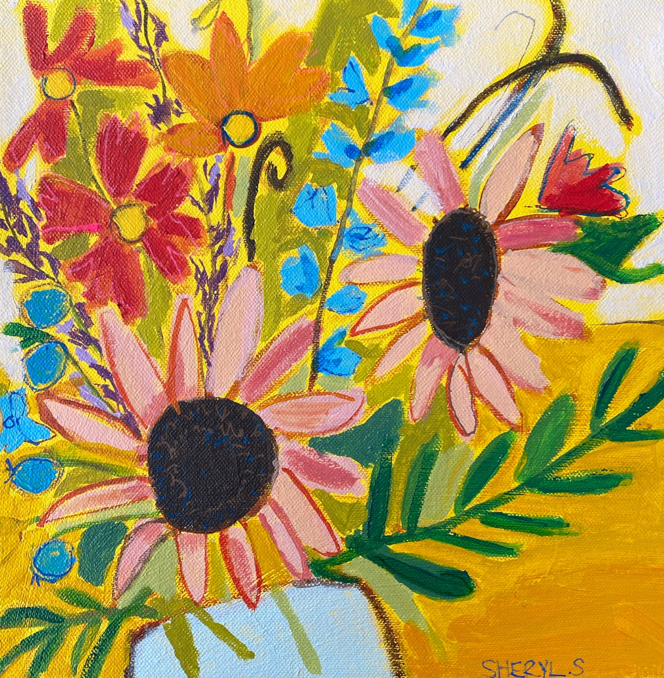 Original Wal Art / Pink Sunflowers and Cosmos / Modern Floral  Painting / 10"x10" / Yellow Pink Red Orange