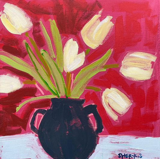 Yellow Tulips on Red / Original Wall Art on Canvas / 12"x12" /