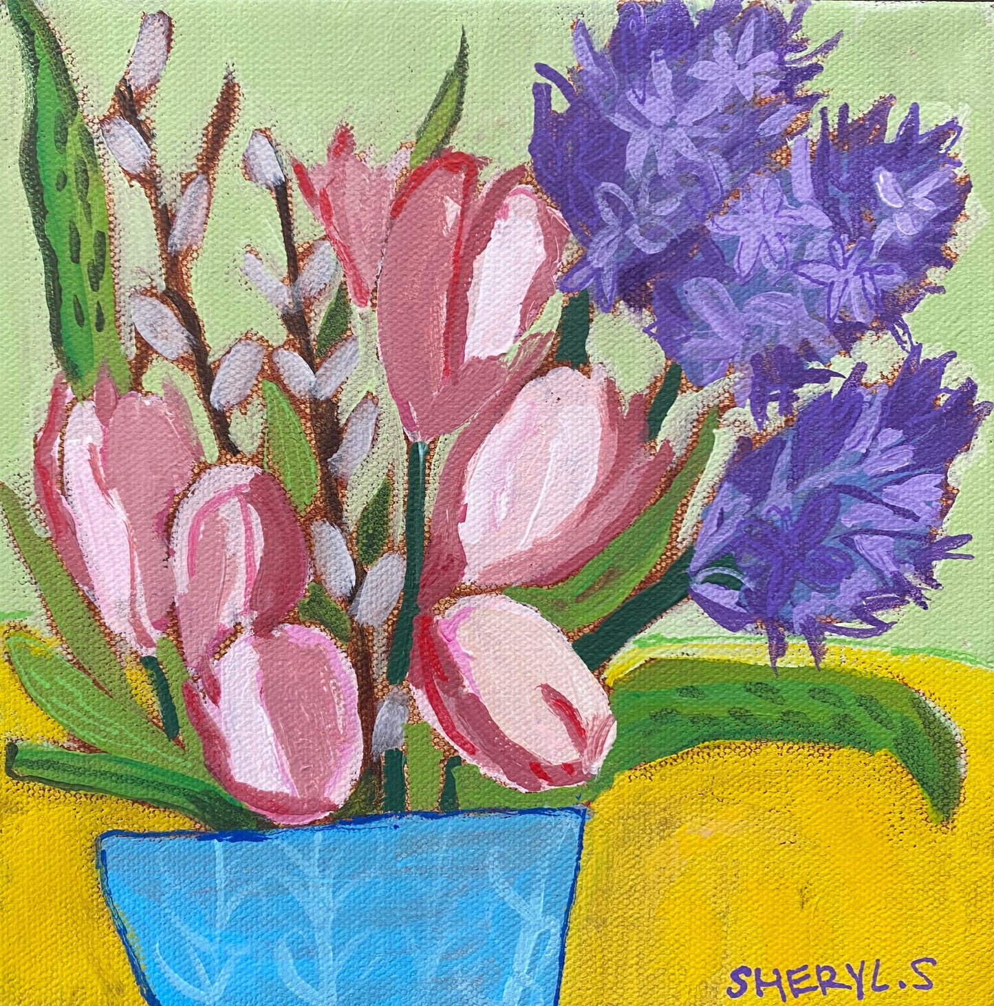 Hyacinth and Tulips with Branches 8”x8” inches / Fine Art on Canvas