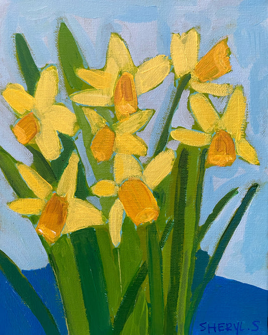 Spring Daffodils 8”x10” / On Blue /  Fine Art on Canvas for Sale