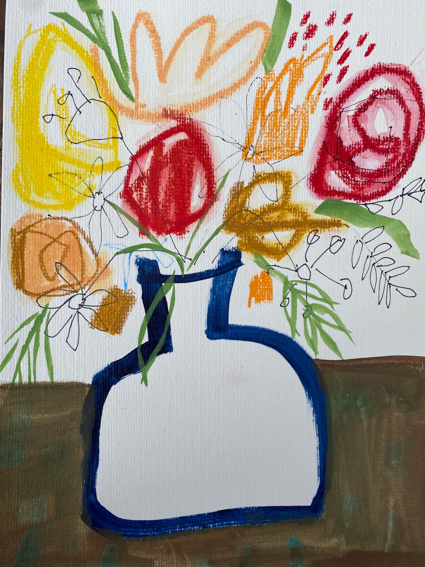 Blue Vase 2 / Original Wall Art / Mixed Media Colourful Flowers