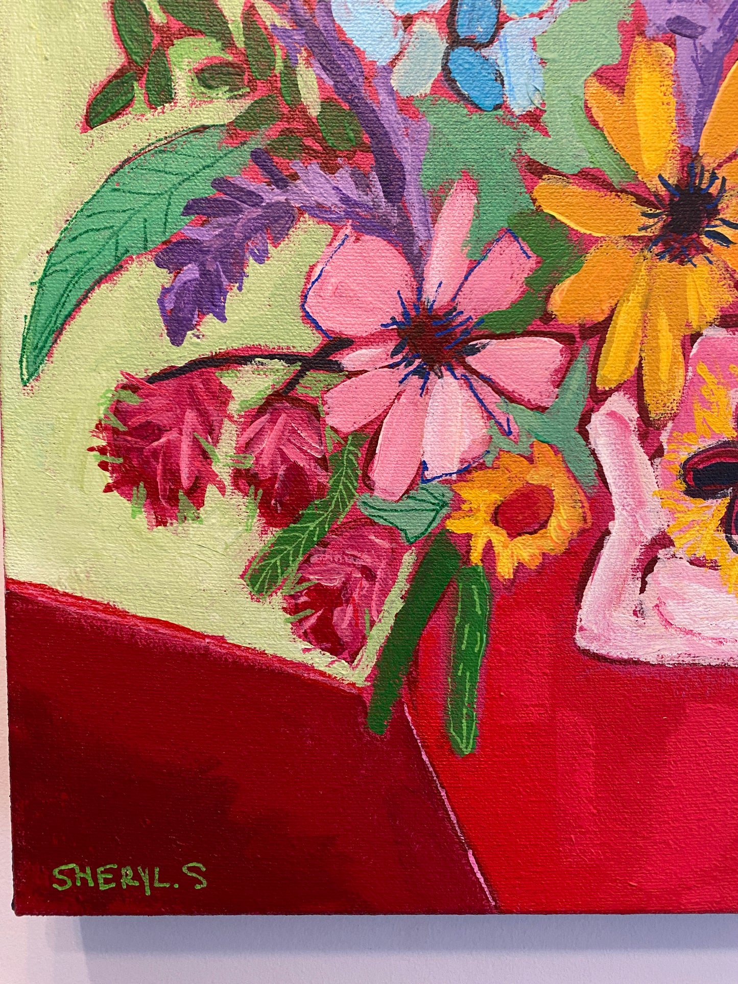 Original Wall Art / Cut Flowers in a Red Vase / Green Blue Purple / Modern Floral