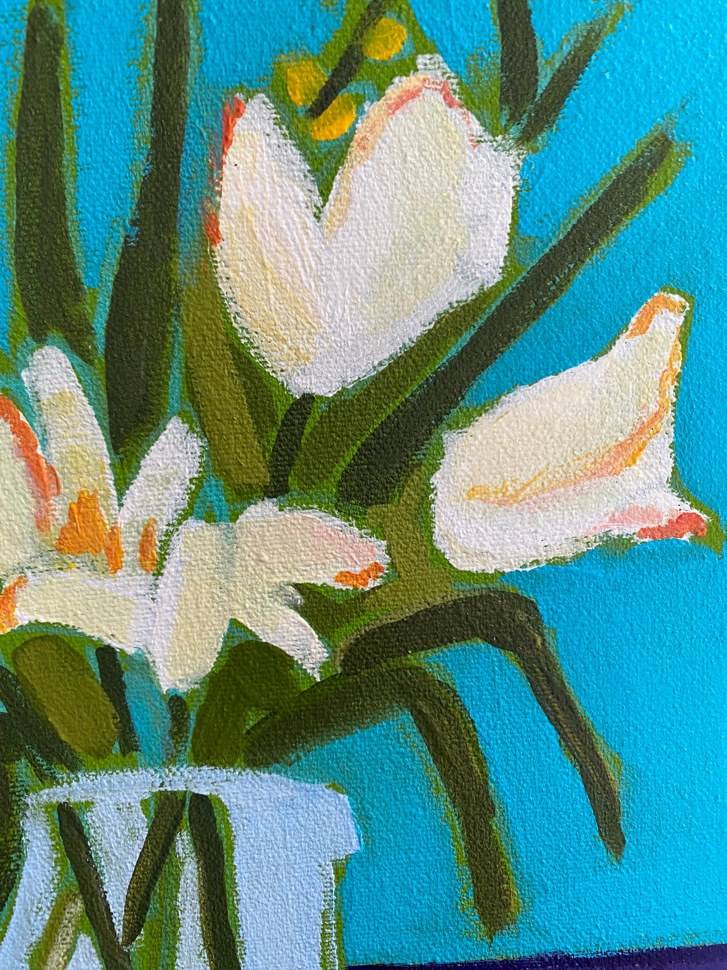 Original Wall Art / White Tulips on Purple and Teal / 10"x10" / Floral Painting on Canvas