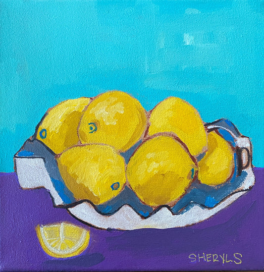 Original Wall Art / Lemons on Teal and Purple 10”x10” / Yellow