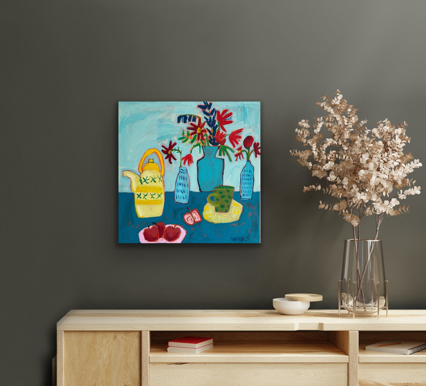 Original Wall Art/ Still Life / Apples On Teal / PAinting on Canvas